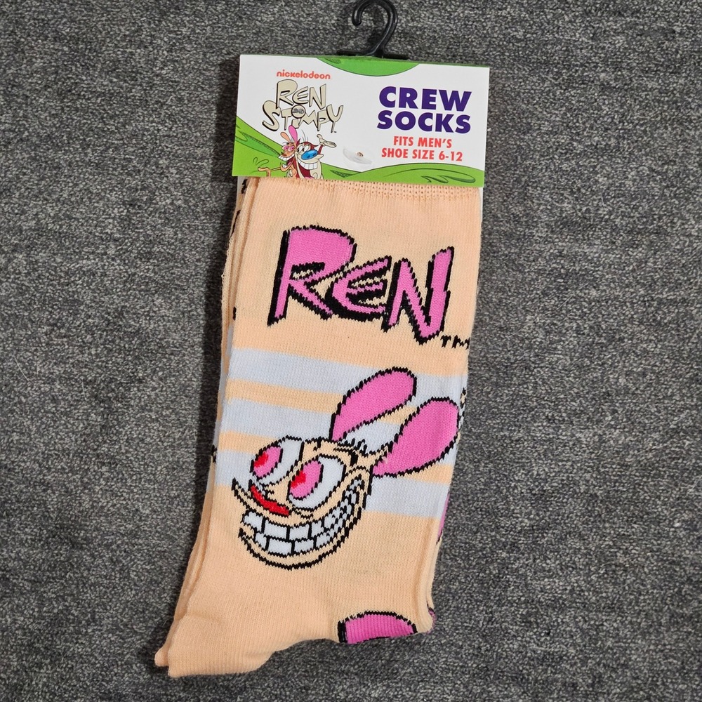 Nickelodeon Ren and Stimpy Mens Crew Socks Size 6-12 Peach Graphic Retro 90s NEW